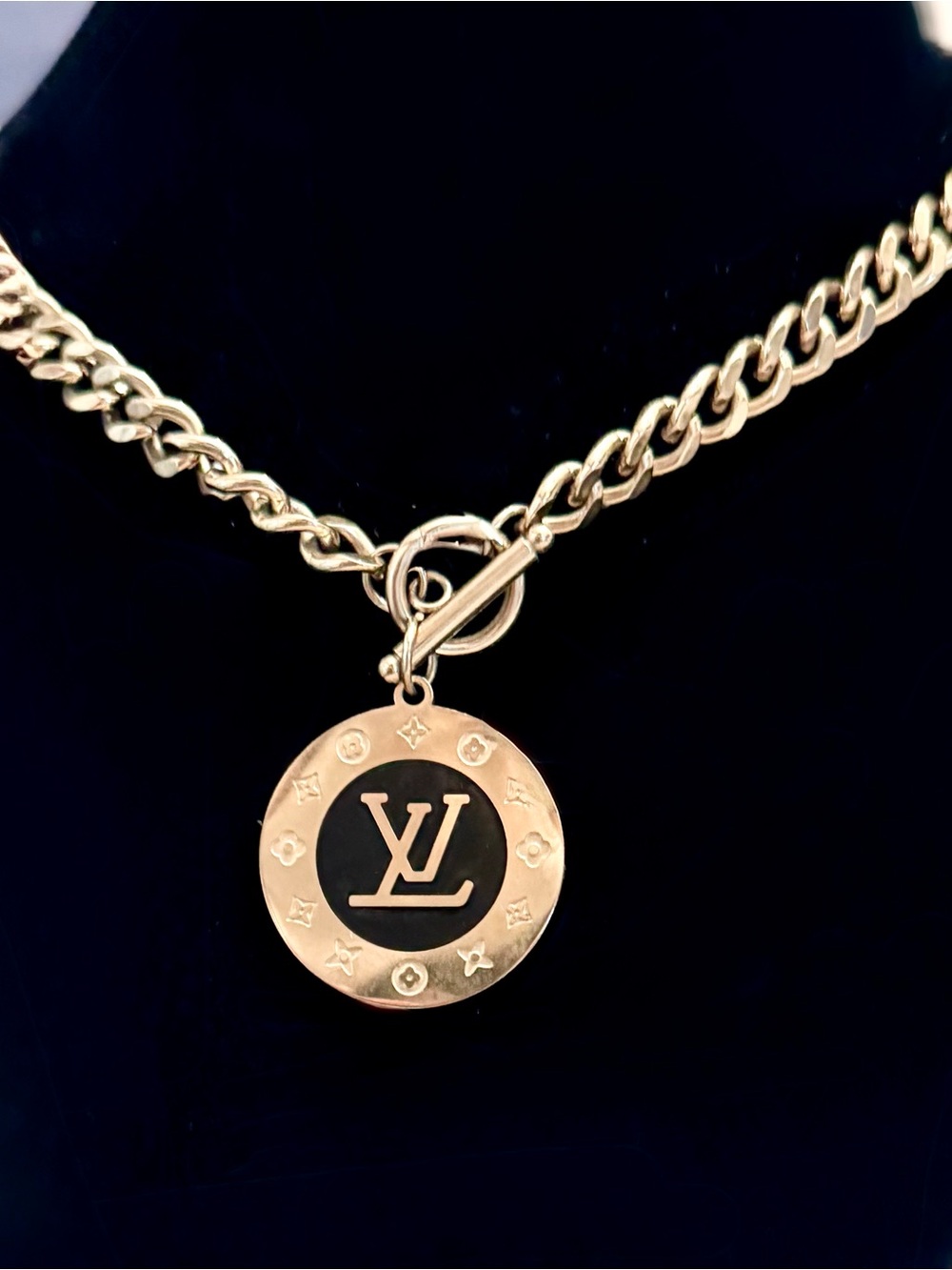 LV Gold-Tone Chain Necklace with LV Medallion